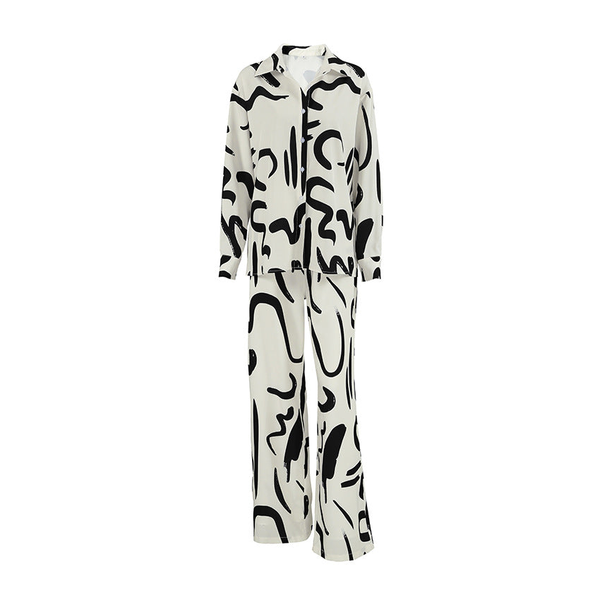 Ensemble chemise imprimée noir et blanc à manches longues et pantalon taille haute à jambes larges
