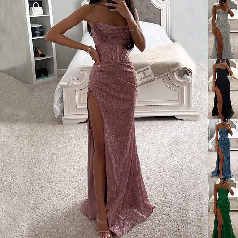 Robe longue d'été sexy à col en V fendue avec bretelles pour femmes