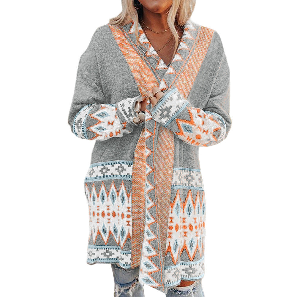 Manteau pull mi-long ethnique pour femme, plusieurs couleurs