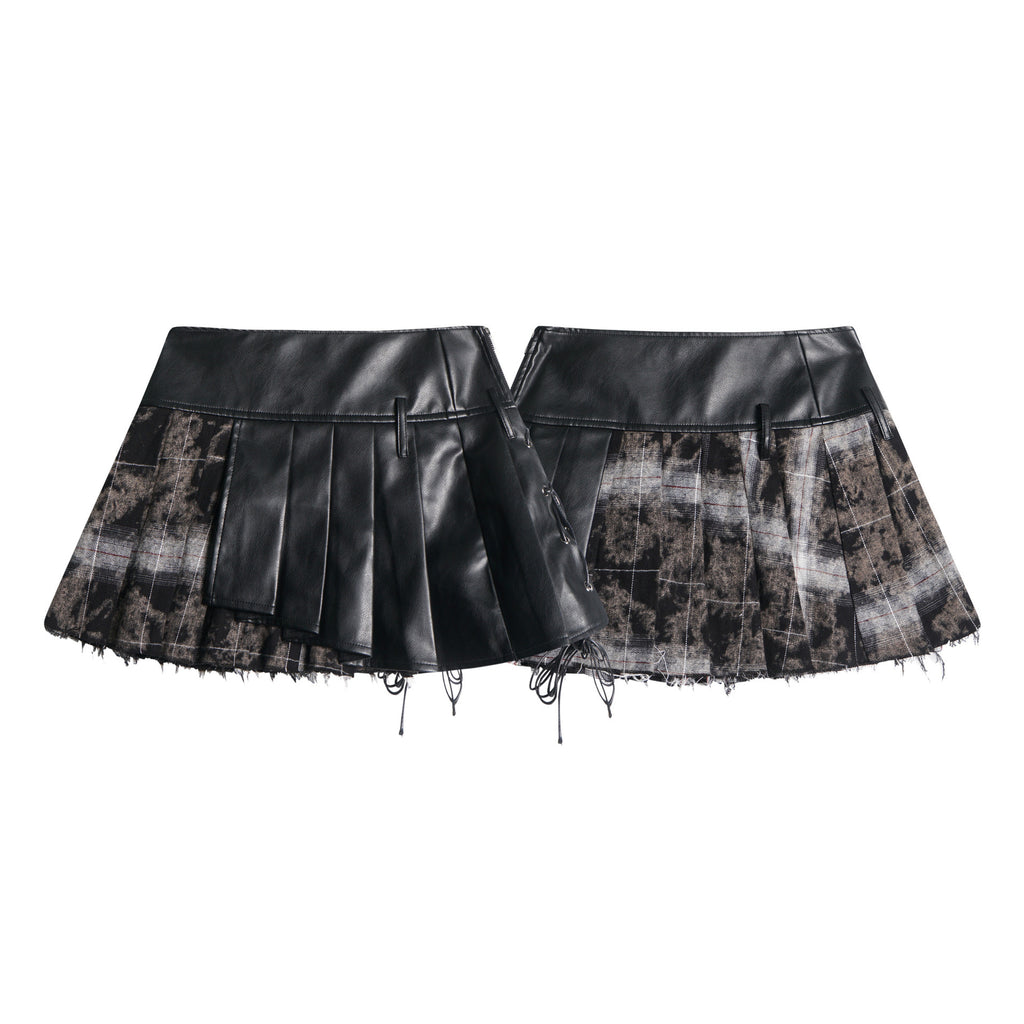 Jupe plissée en nylon noir avec surpiqûres en cuir pour femme