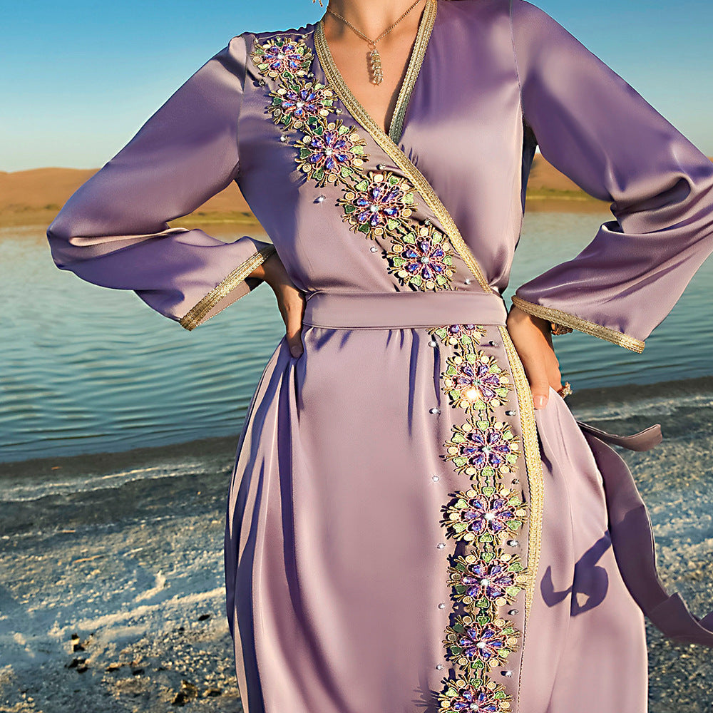 Fog Purple New Heavy Industry Hand Sewn Diamond Middle East Dress