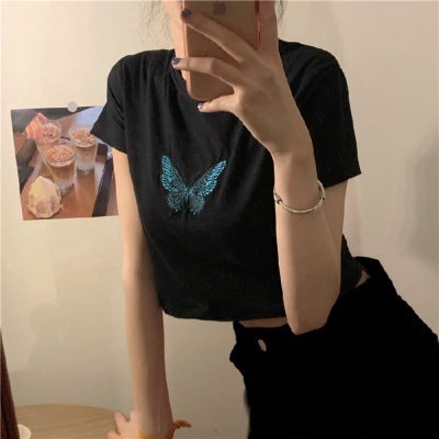 Women's Short-Sleeve Butterfly Print Cotton Blend Crop Top