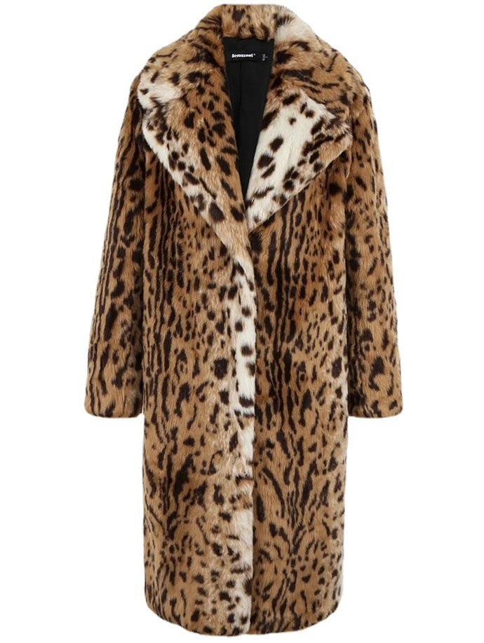 European & American Leopard Print Faux Fur Coat with Extended Wool