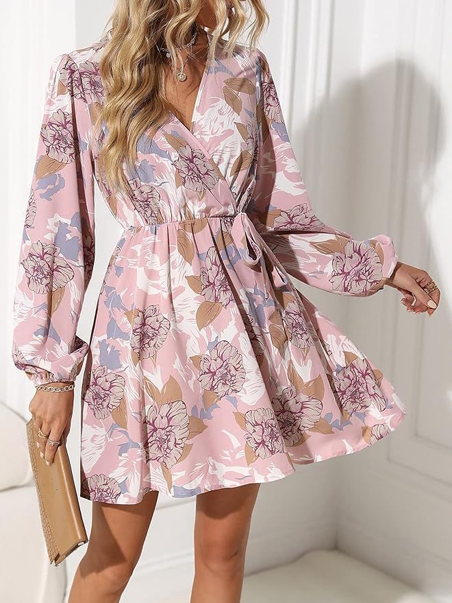 V-neck Lace-up Floral Print Women's Dress