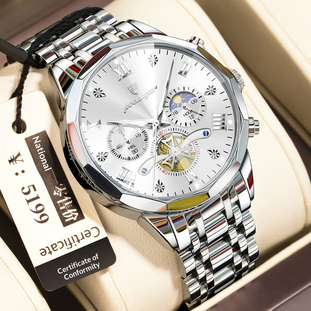 Waterproof Multifunctional Quartz Watch for Men with Stainless Steel Strap