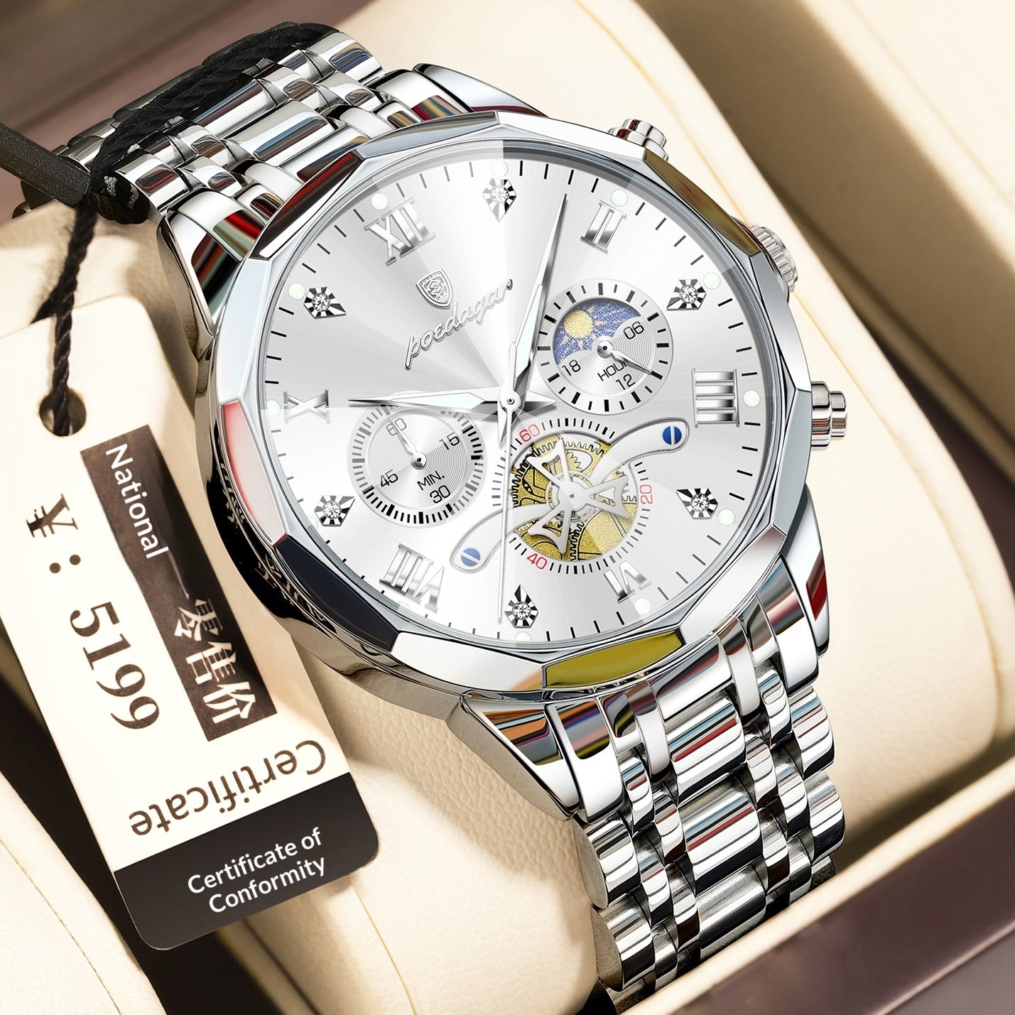 Waterproof Multifunctional Quartz Watch for Men with Stainless Steel Strap