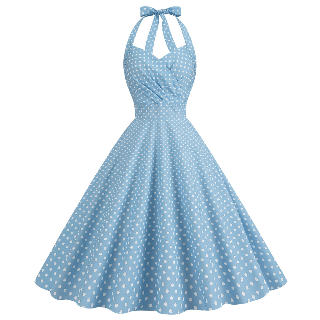 Robe Swing Imprimée Rétro Sexy Moulante à Col Halter et Poitrine Enveloppante