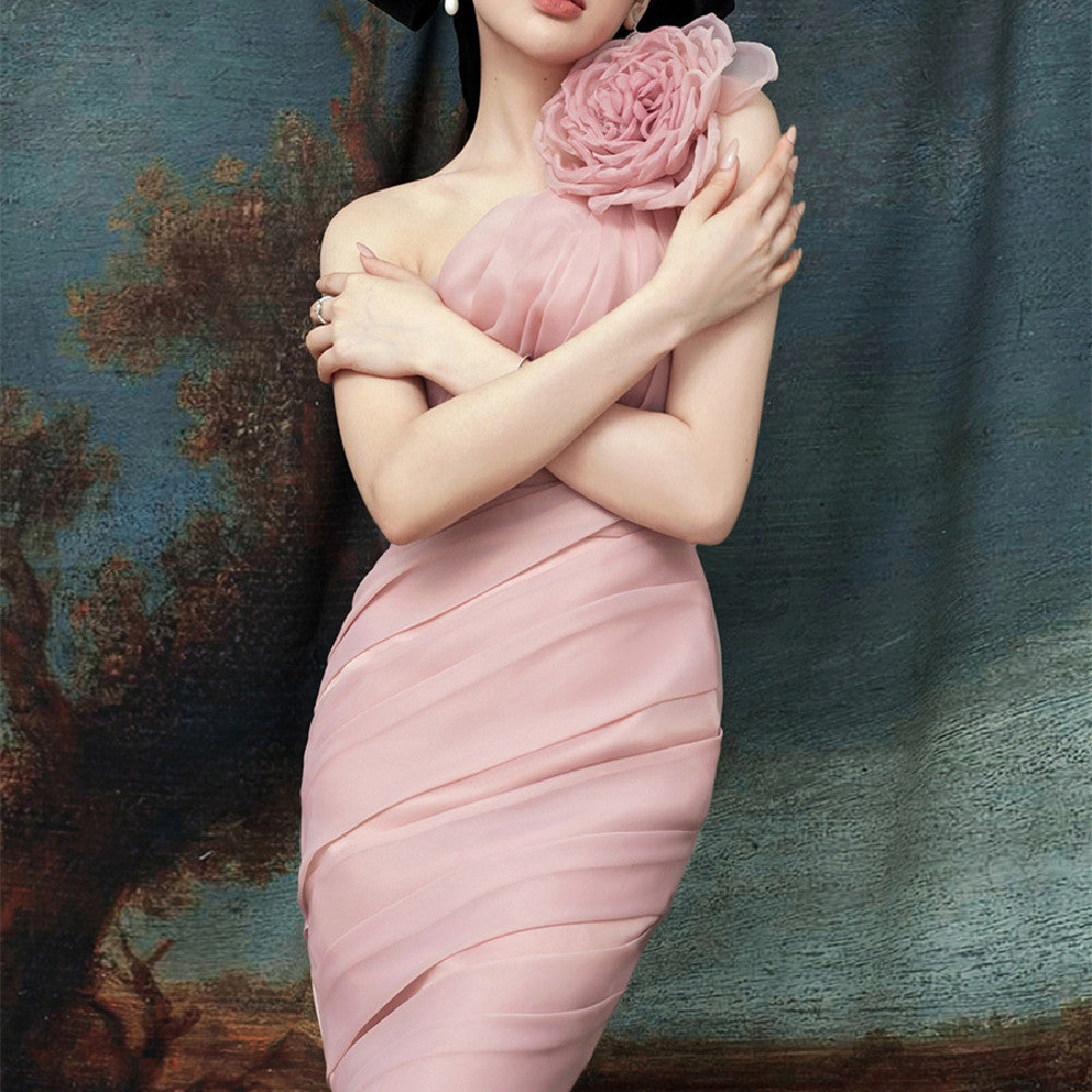 Elegant High Waist Fairy Dress in Light Rouge Powder Polyester