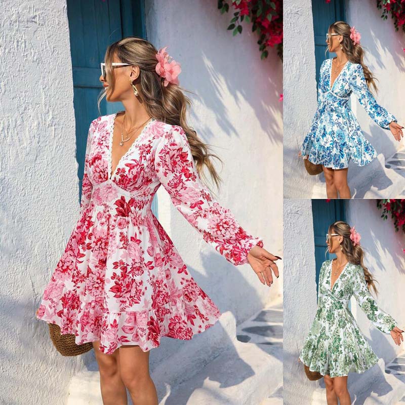 Printed Lace V-Neck Long Sleeve Vacation Dress