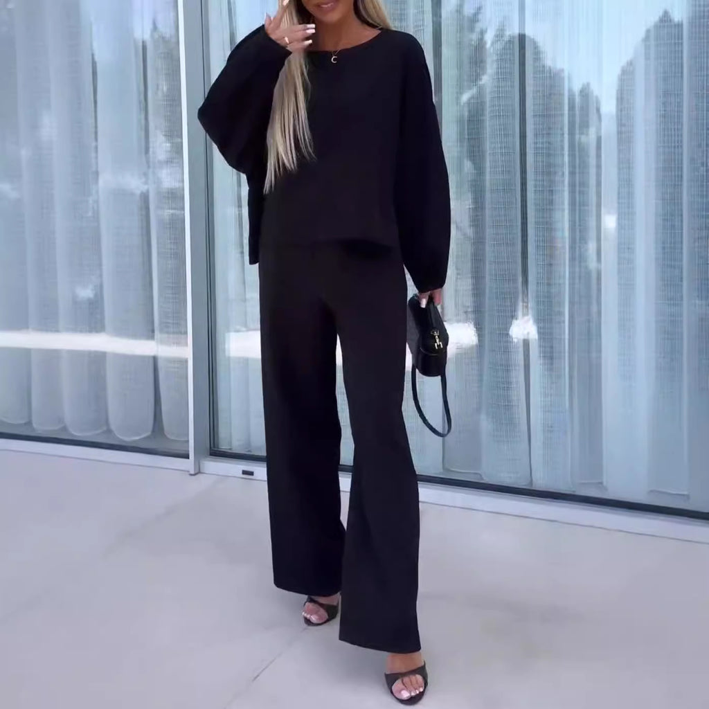 Ensemble deux-pièces femme couleur unie col rond manches longues taille élastique
