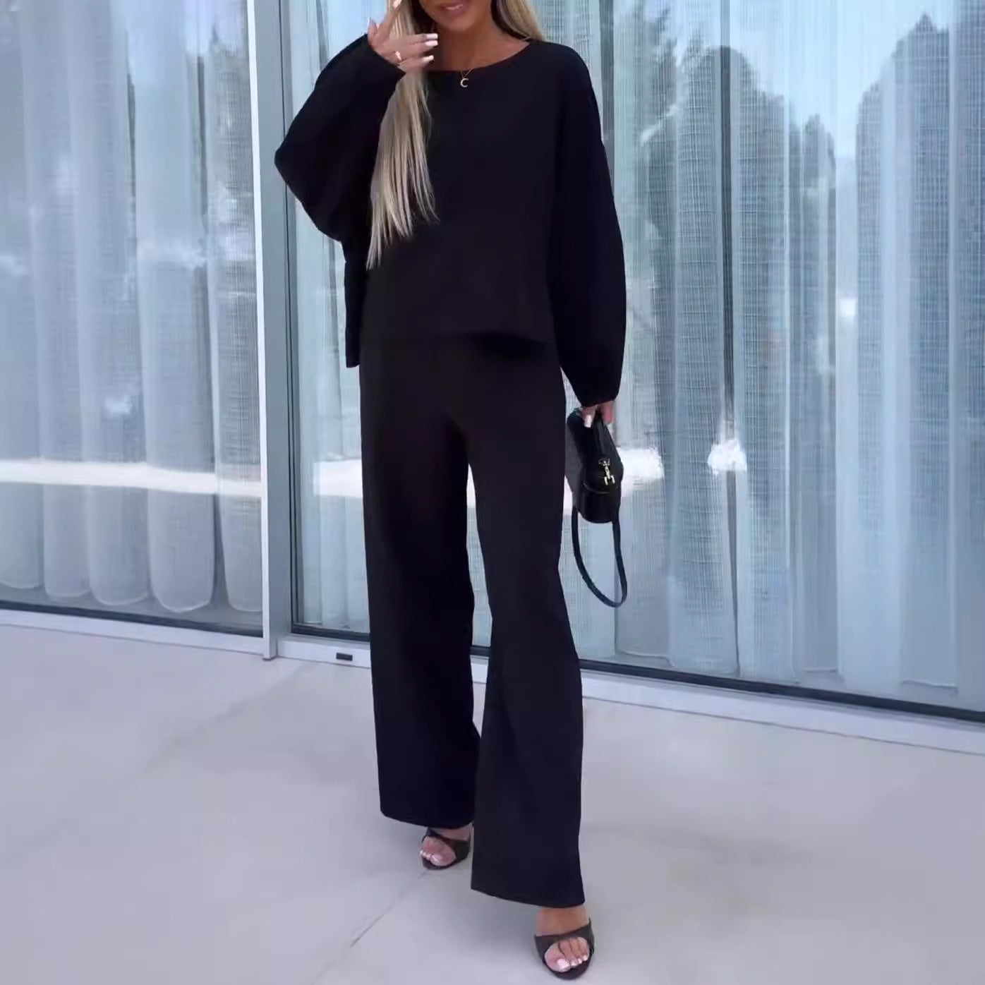 Ensemble deux-pièces femme couleur unie col rond manches longues taille élastique