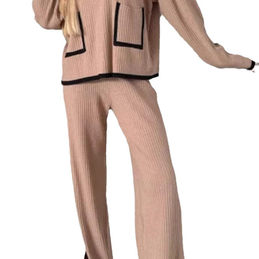 Ensemble Haut Color Block à Poches et Pantalon Large pour Femme