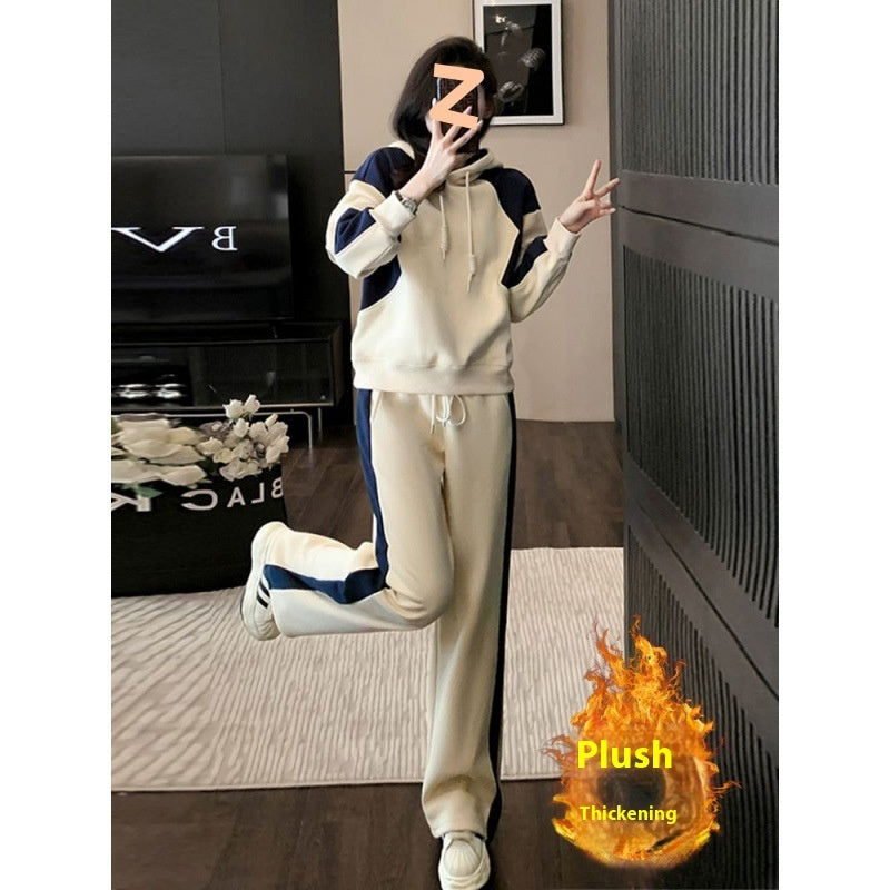 Fleece-Lined Thick Long Sleeve Casual Suit for Women Autumn Winter