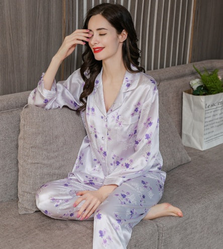 Ensemble de pyjama deux pièces en soie grande taille à manches longues printemps automne
