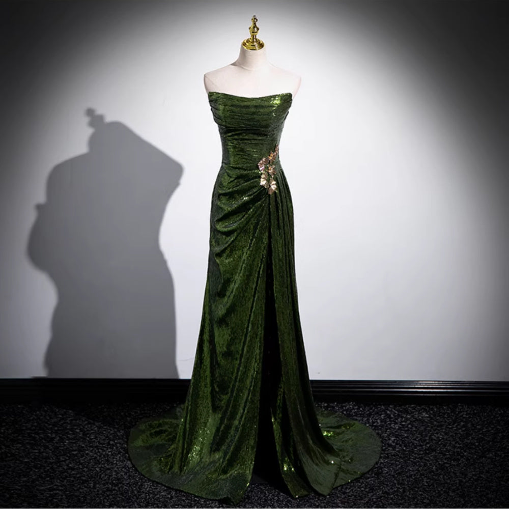 French Evening Women's Dark Green High Waist Slim Bridal Dress