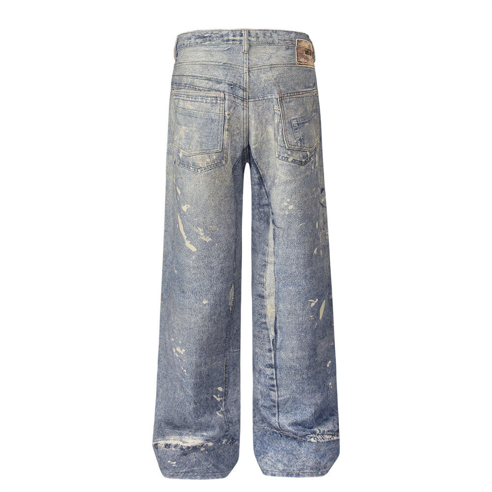 Jeans bleus taille mi-haute amples personnalisés graffiti pour homme