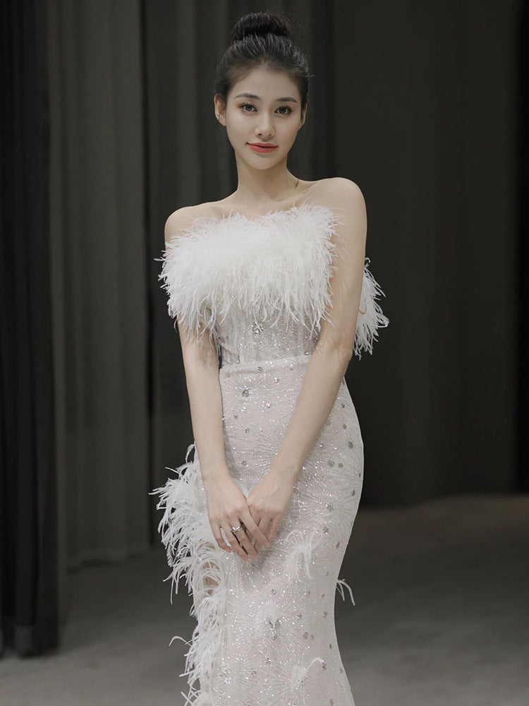 Women's Feather Sleeveless Party Sexy Dress