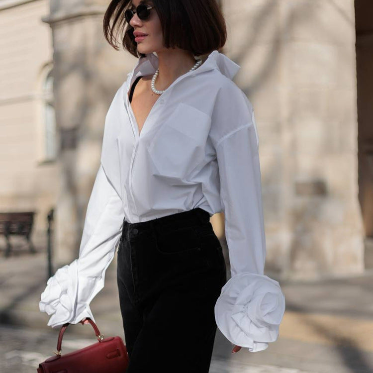 White Stitching Flower Long Sleeve Cotton Shirt