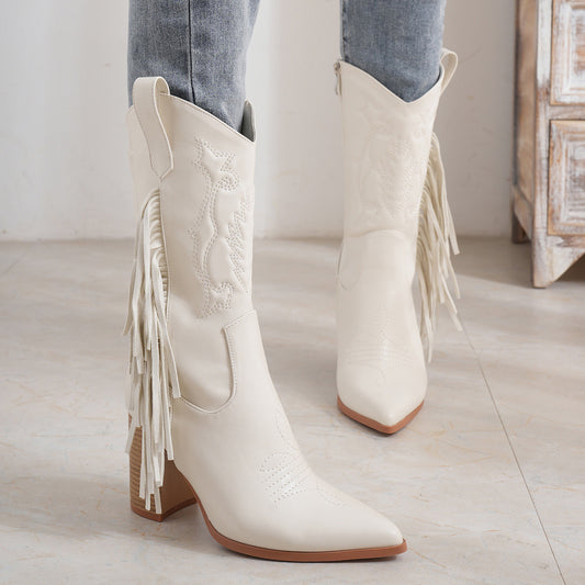 Bottes de cowboy blanches neuves de style western avec pompon brodé