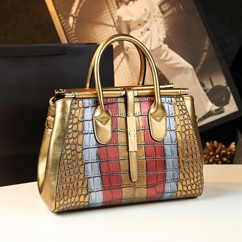 Vintage Cowhide Hand Shoulder Bag with Crocodile Pattern Crossbody