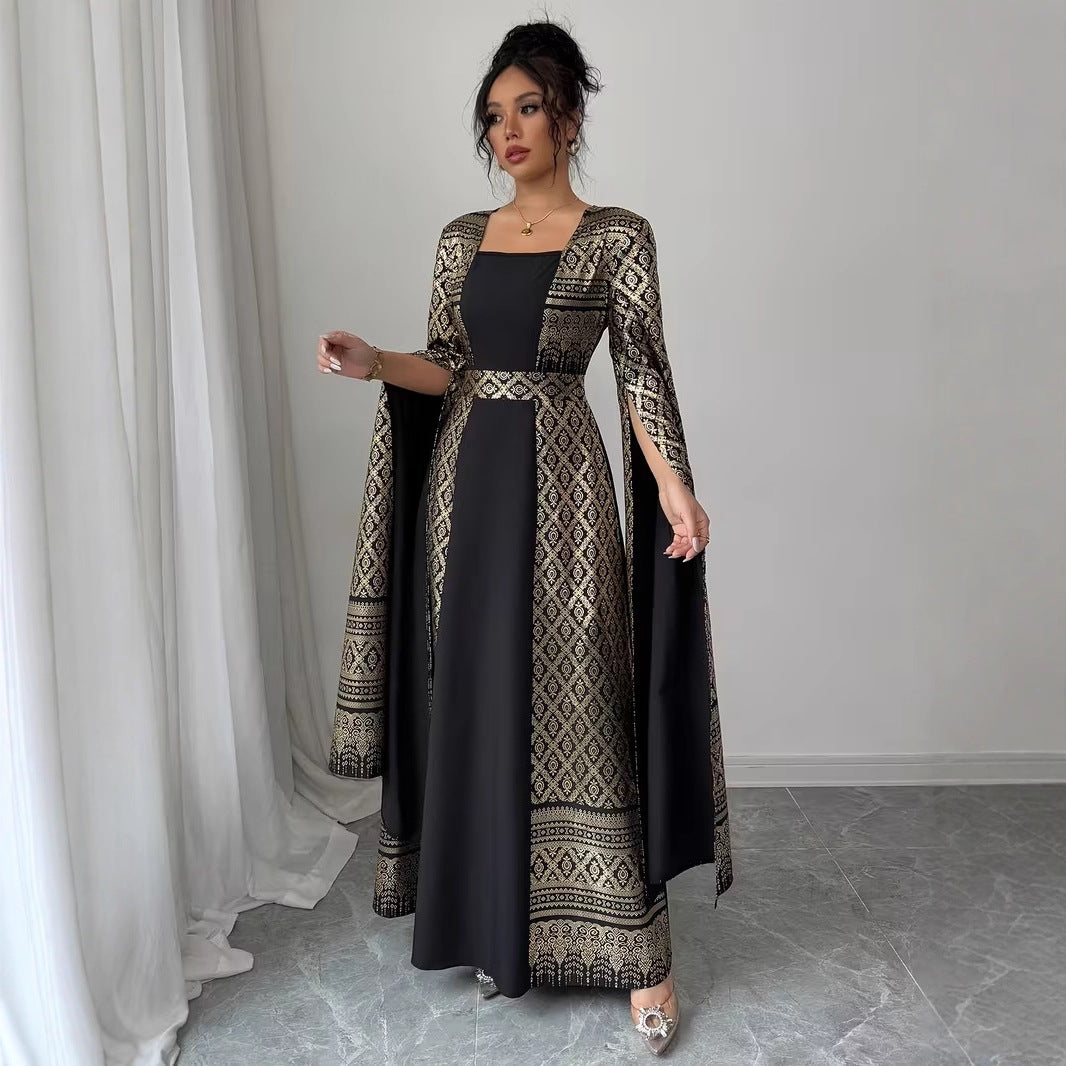 Elegant Arabian Womens Casual Long-sleeve Flared Dress