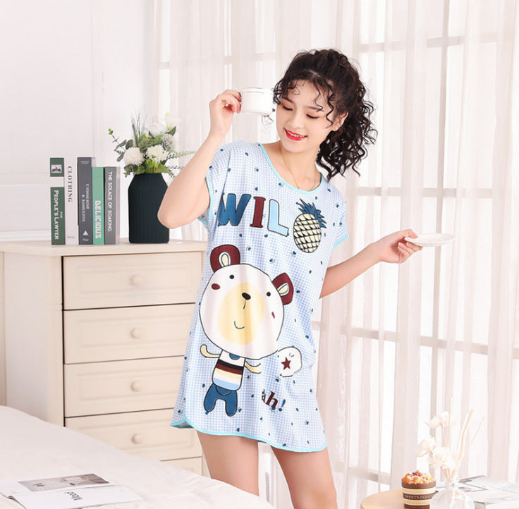 Women's Cartoon Milk Silk Short Sleeve Nightdress One-Piece