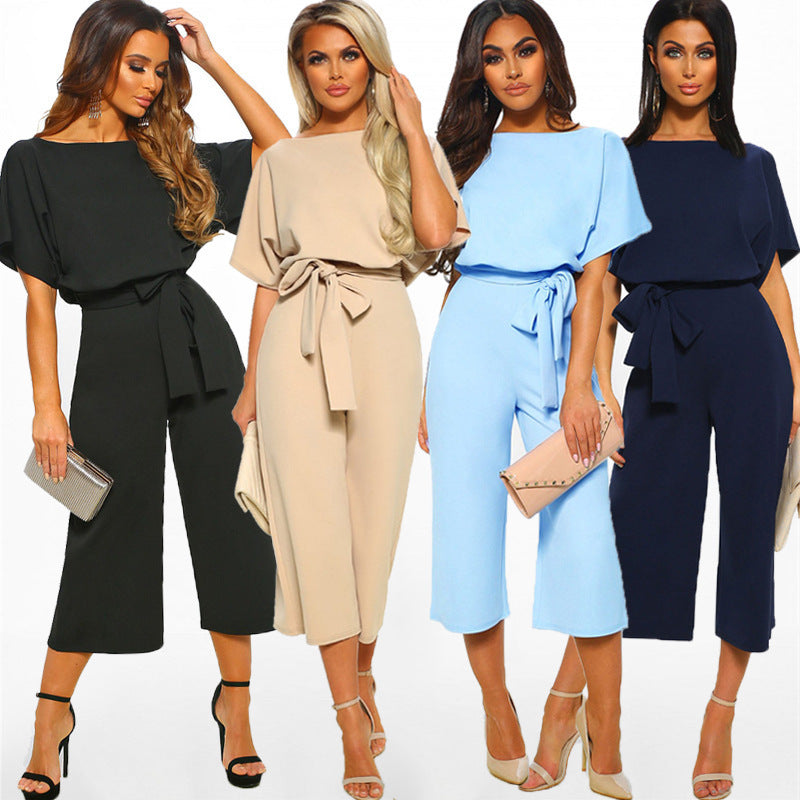 Summer Lace-Up Button Short-Sleeve Women's Polyester Jumpsuit