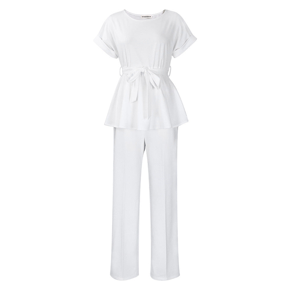 Solid Color Lace-Up Top & High Waist Wide Leg Pants Set
