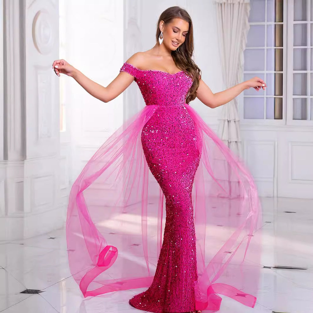 Heavy Industry Fishtail Long Off-Shoulder Banquet Dress