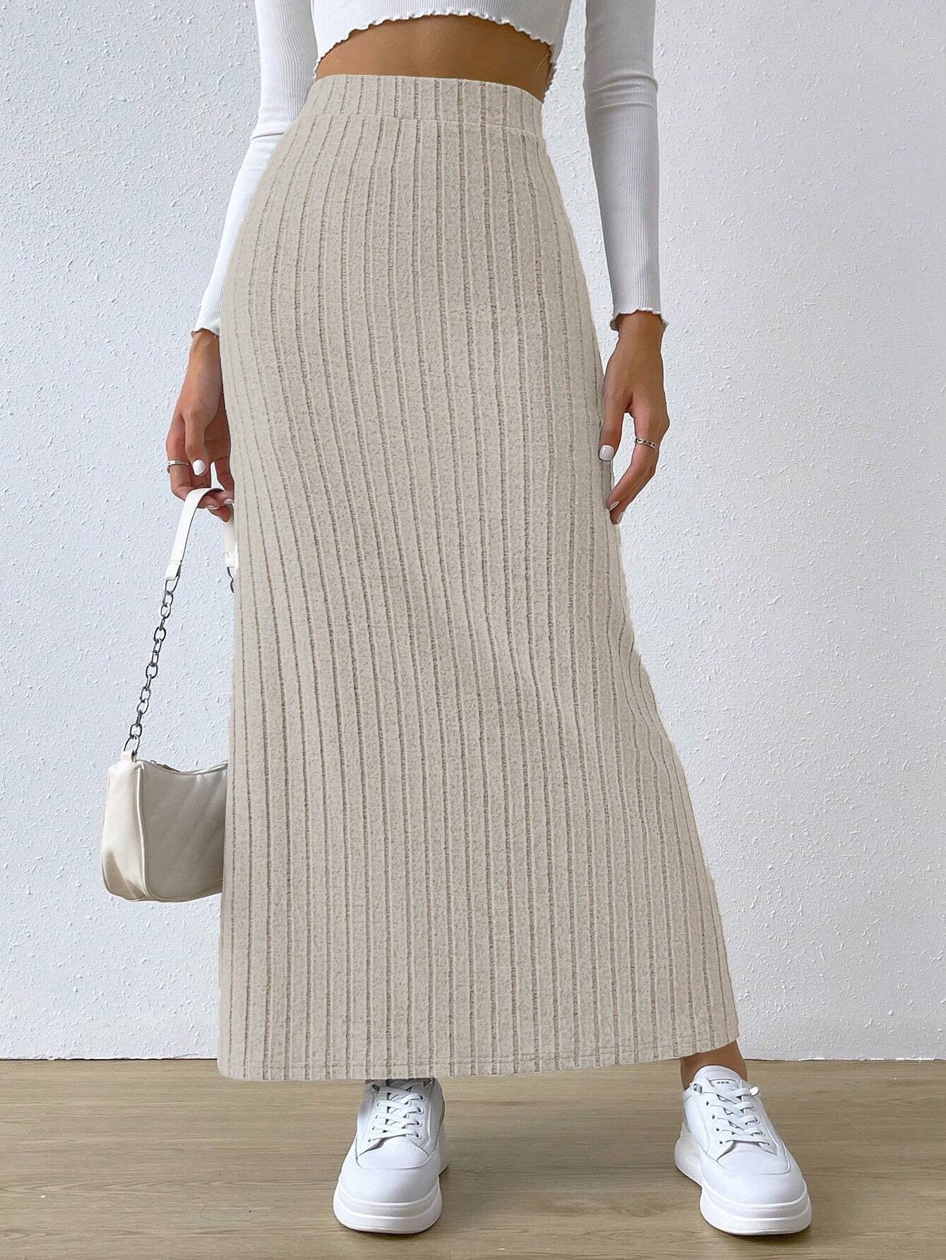 Robe longue printanière en maille, taille haute, fente latérale, coupe ajustée