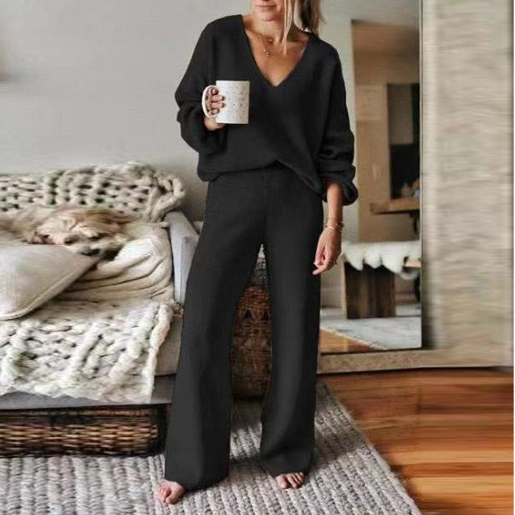 Spring Autumn Women's Leisure Suit Set Black Brown Cotton Polyester Wide Leg Pants