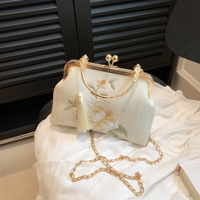 Embroidered Silk Crossbody Bag for Women – White & Blue, 23x15x8cm