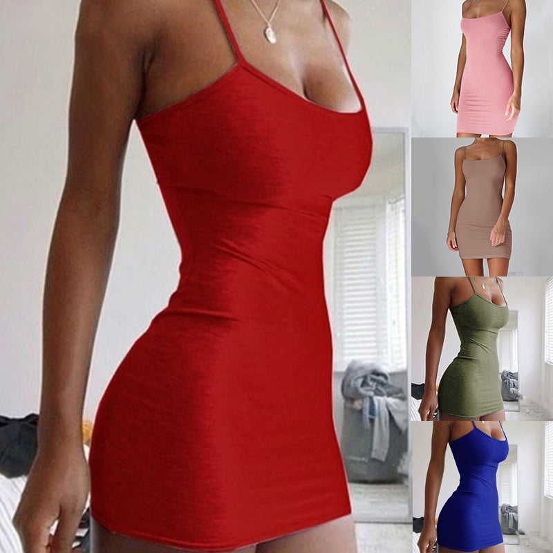 Pure Color Simple Hanging Neck Tight-Fit Hip Skirt