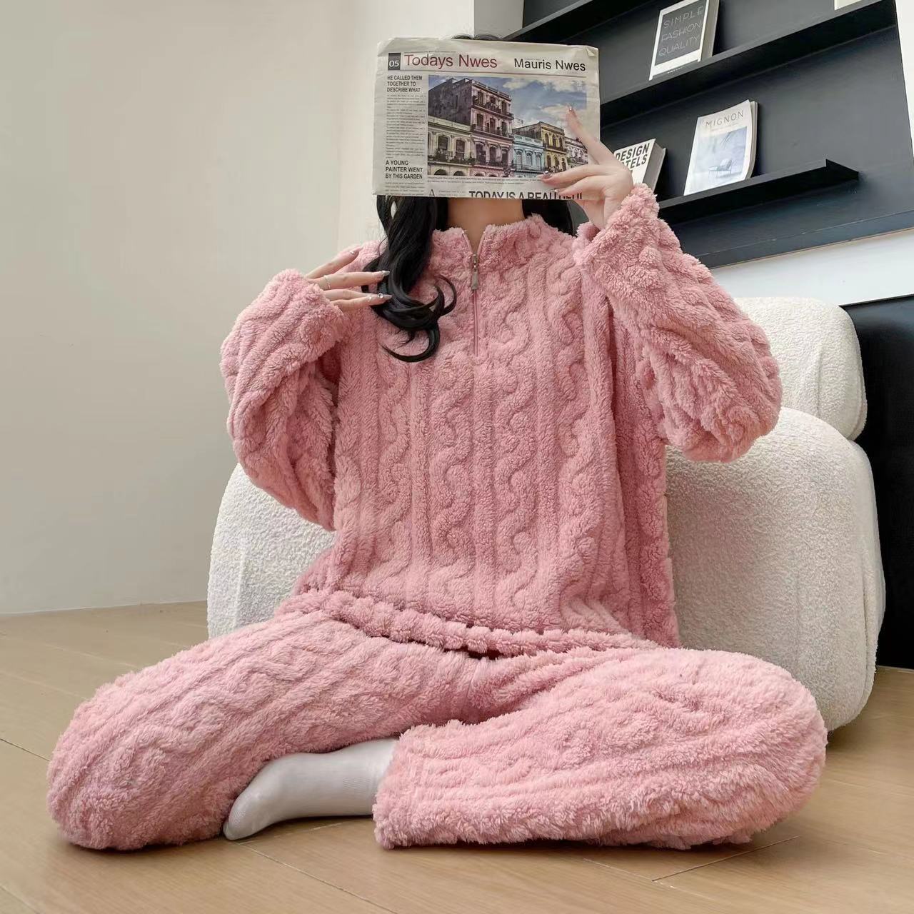 Pyjama Couple Hiver Automne en Polaire Corail Épais avec Fermeture Éclair Torsadée, Tenue d'Intérieur