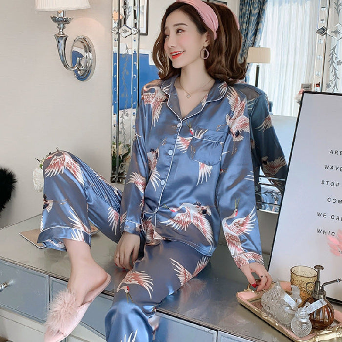 Women's Spring & Autumn Ice Silk Pajama Set Loose Homewear Trousers