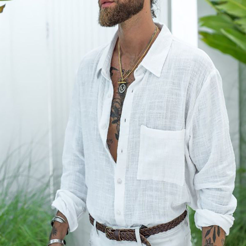 Men's White Cotton Linen Shirt Loose Fit Long Sleeve M-XXXL