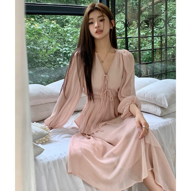 Women's Pink V-Neck Lace-Up Chiffon Lantern Sleeve Dress