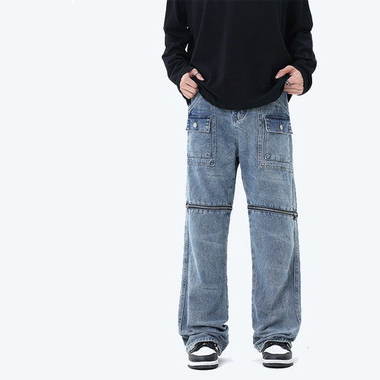 Heavy Industry Detachable Washed And Worn Straight Jeans