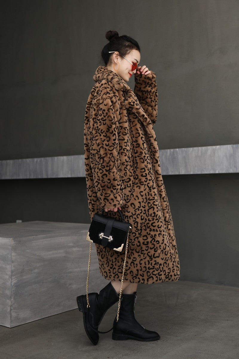 Leopard Print Oversized Fur Coat with Suit Collar in Brown & Gray