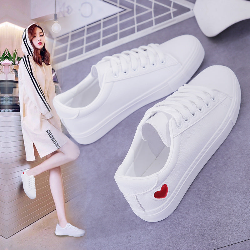 Women’s PU Leather Heart Flats Casual Breathable White Sneakers