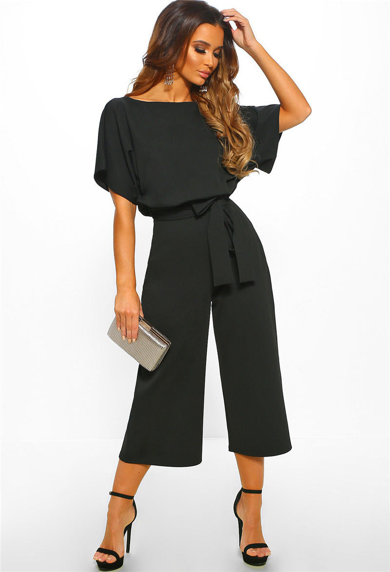 Summer Lace-Up Button Short-Sleeve Women's Polyester Jumpsuit