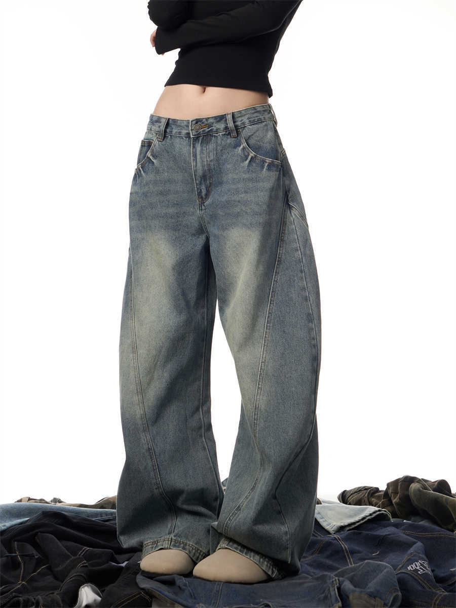 Women's Wide Leg Retro Washed Blue Jeans