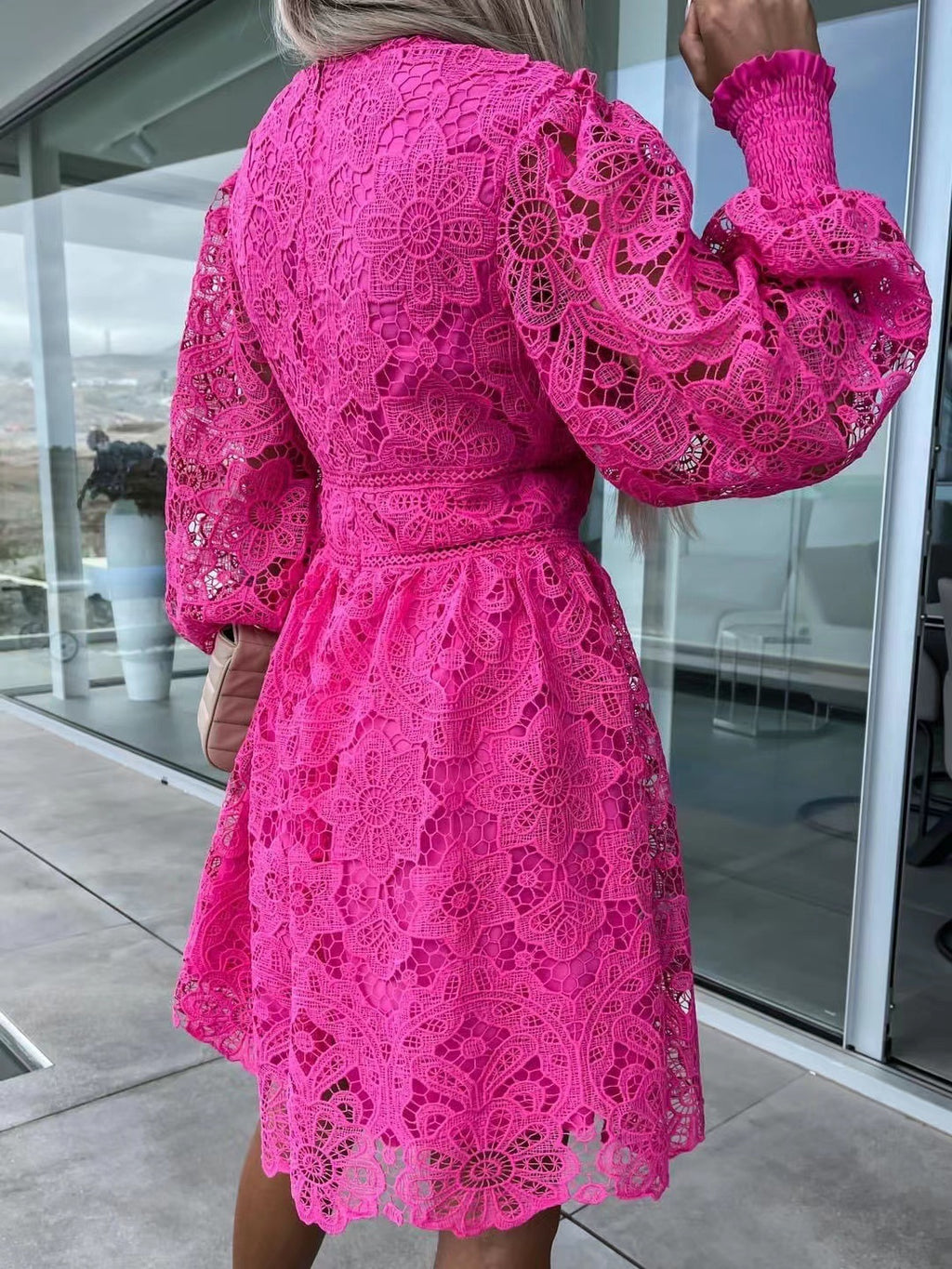 Sexy Hollow Lace Embroidered V-Neck Medium Dress for Commute
