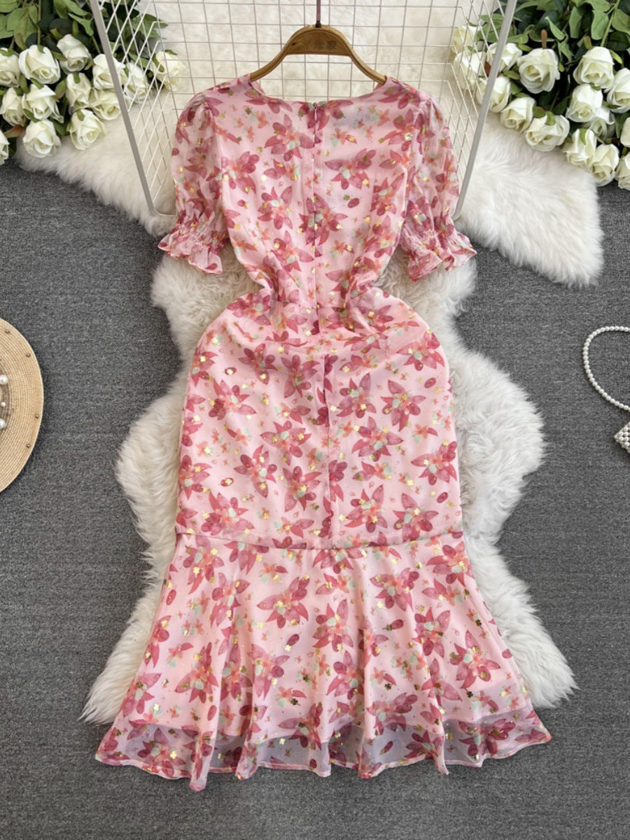 Pink Small Floral Chiffon Slim Fishtail Dress with Princess Sleeves