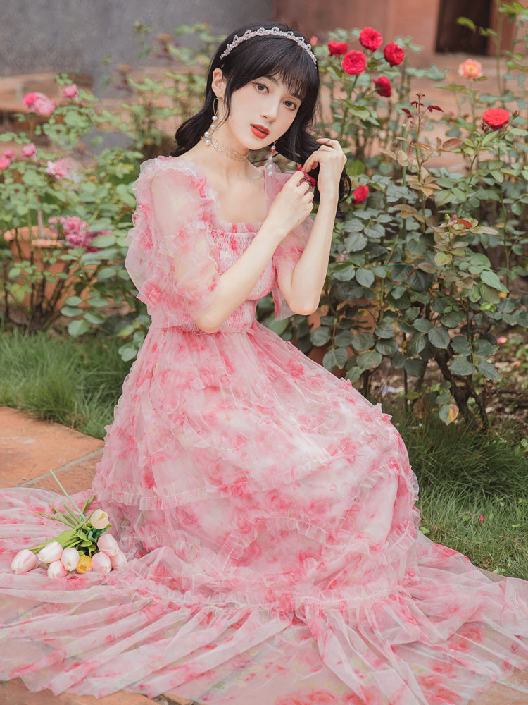 French Vintage Pink Chiffon Floral Mesh Dress Short Sleeve