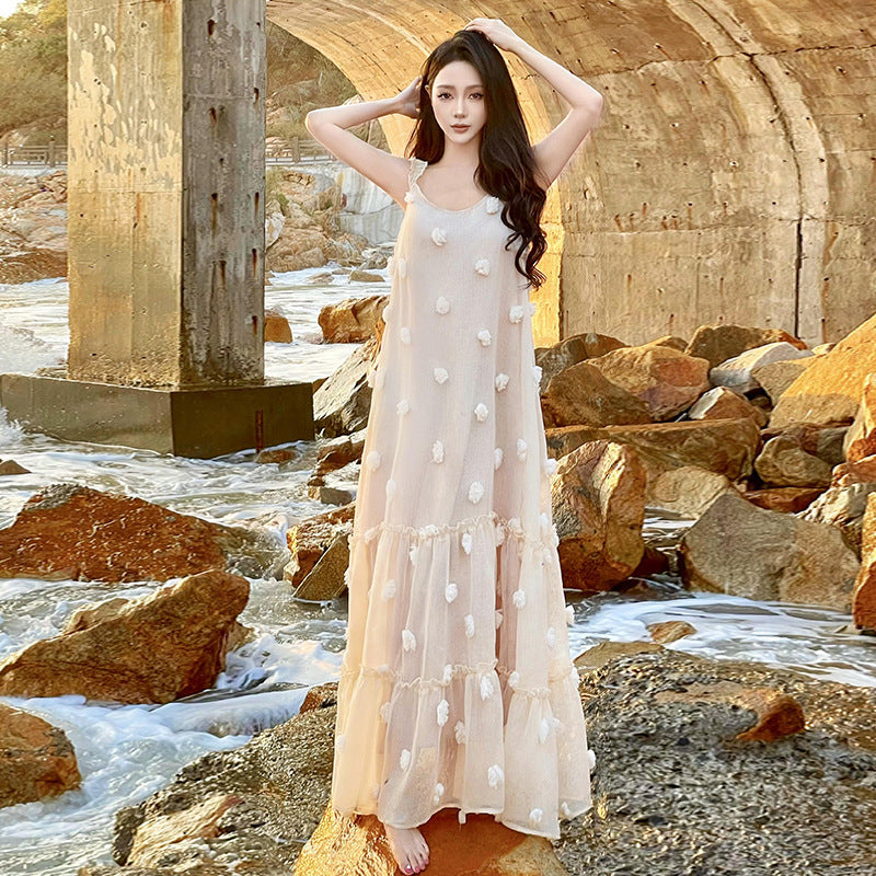 3D Flower Apricot Slim Suspender A-Line Skirt