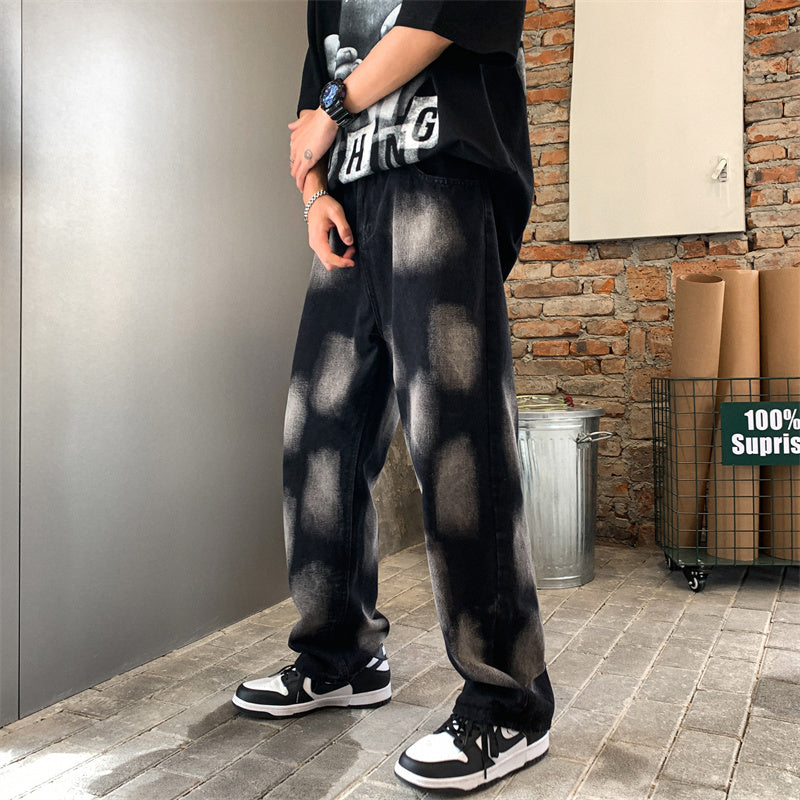Jean droit noir en coton délavé Tie-Dye Hip-Hop pour hommes et femmes