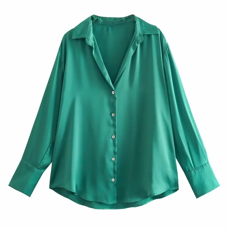 All-match Silk Satin Texture Draping Long-sleeved Shirt For Women