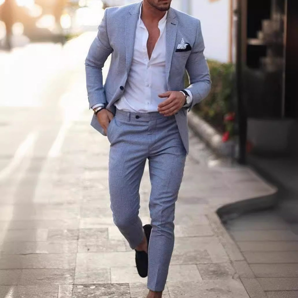 Costume deux pièces ajusté en lin et coton pour homme, un bouton, couleur unie