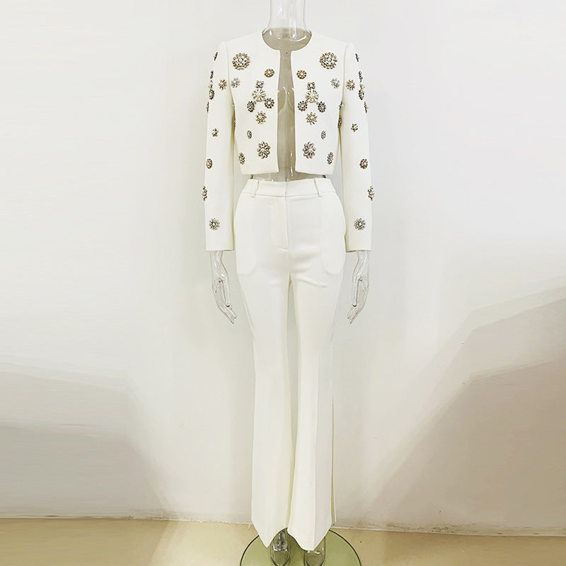 Fashionable Bell-Bottom Pants Suit with Diamond Set Polyester Coat